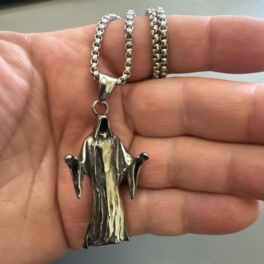 Grim Reaper Pendant Dark Metal Tone Stainless Steel 24” Chain Gothic Punk Monk